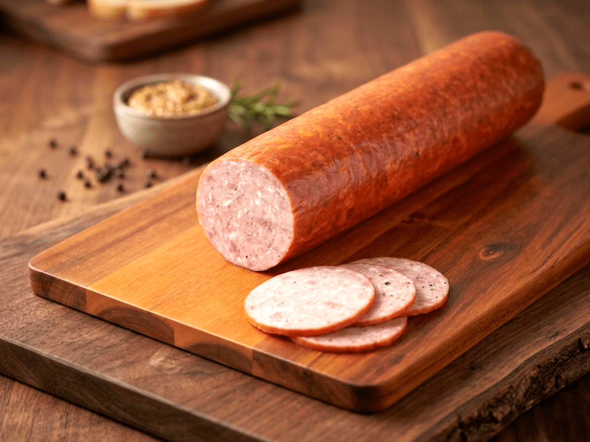 A sliced Alpen Jagdwurst log resting on a wooden cutting board with several round slices in front