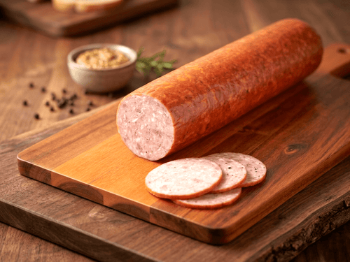 A sliced Alpen Jagdwurst log resting on a wooden cutting board with several round slices in front