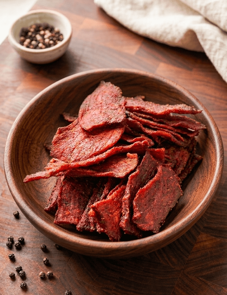 Slices of BBQ Beef Jerky piled in a round wooden bowl