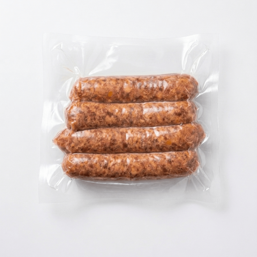 Four Bacon Cheddar Onion Smokies (Frozen) in a clear plastic vacuum-sealed bag