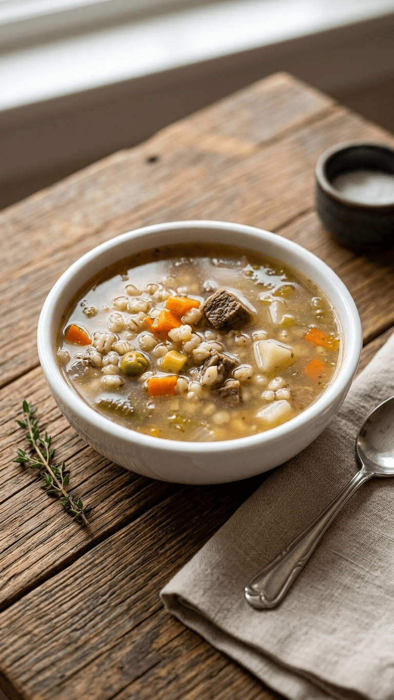 A white ceramic bowl filled with Beef Barley Soup sits on a rustic wooden table.