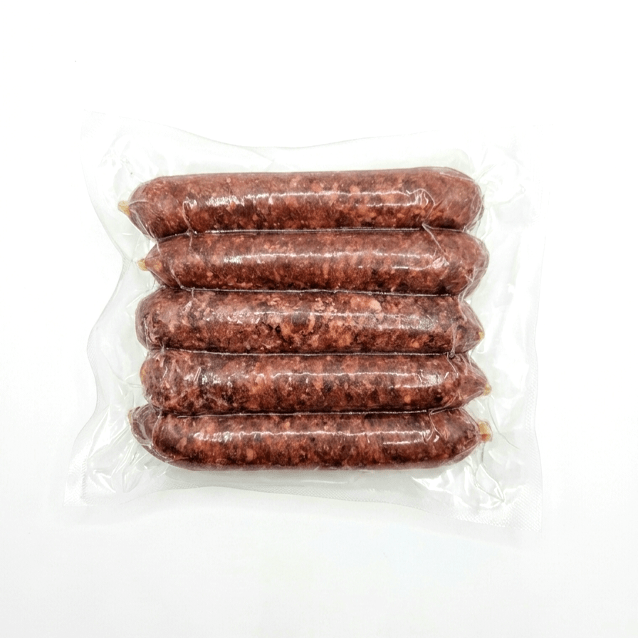 Five of Beef Bratwurst (Raw / Frozen) in a clear plastic vacuum-sealed bag