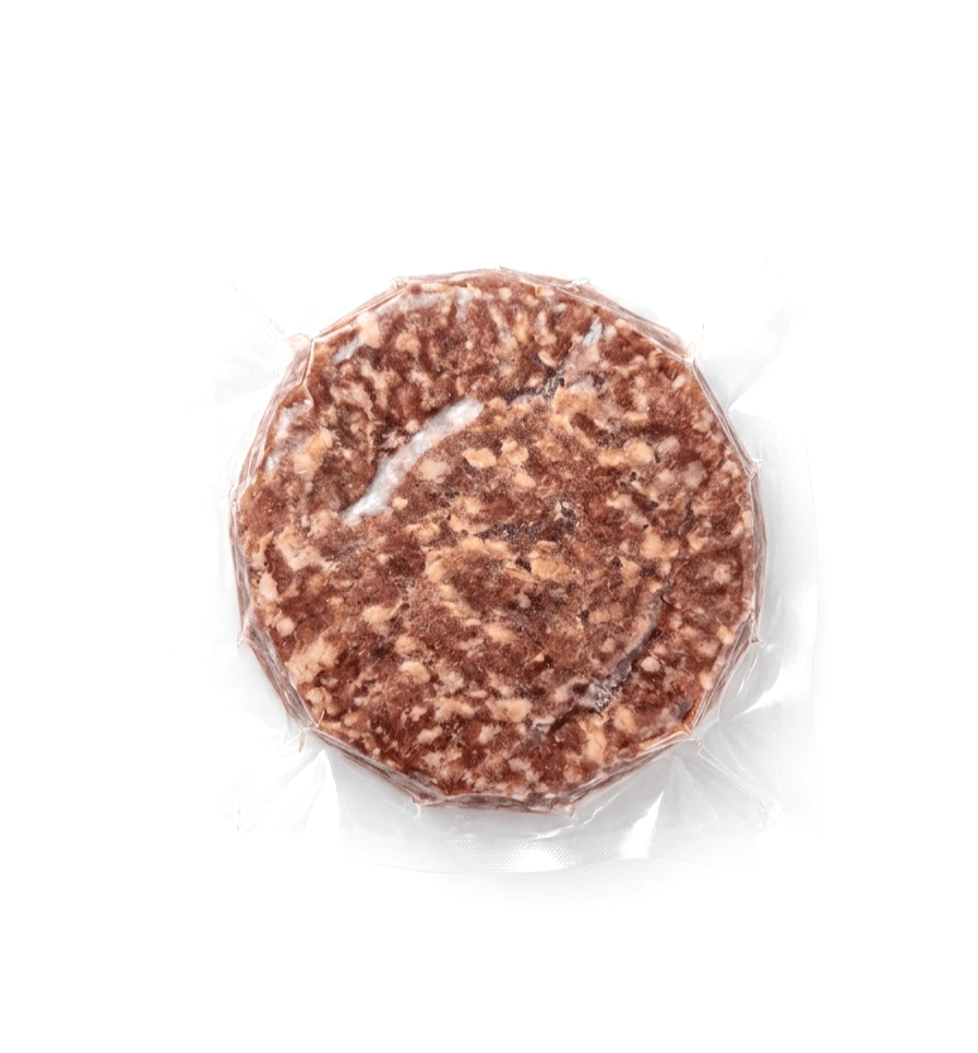 A single round Beef Patties 6oz (Frozen), wrapped in clear plastic packaging