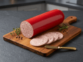 A Beerwurst log and several sliced rounds displayed on a wooden cutting board
