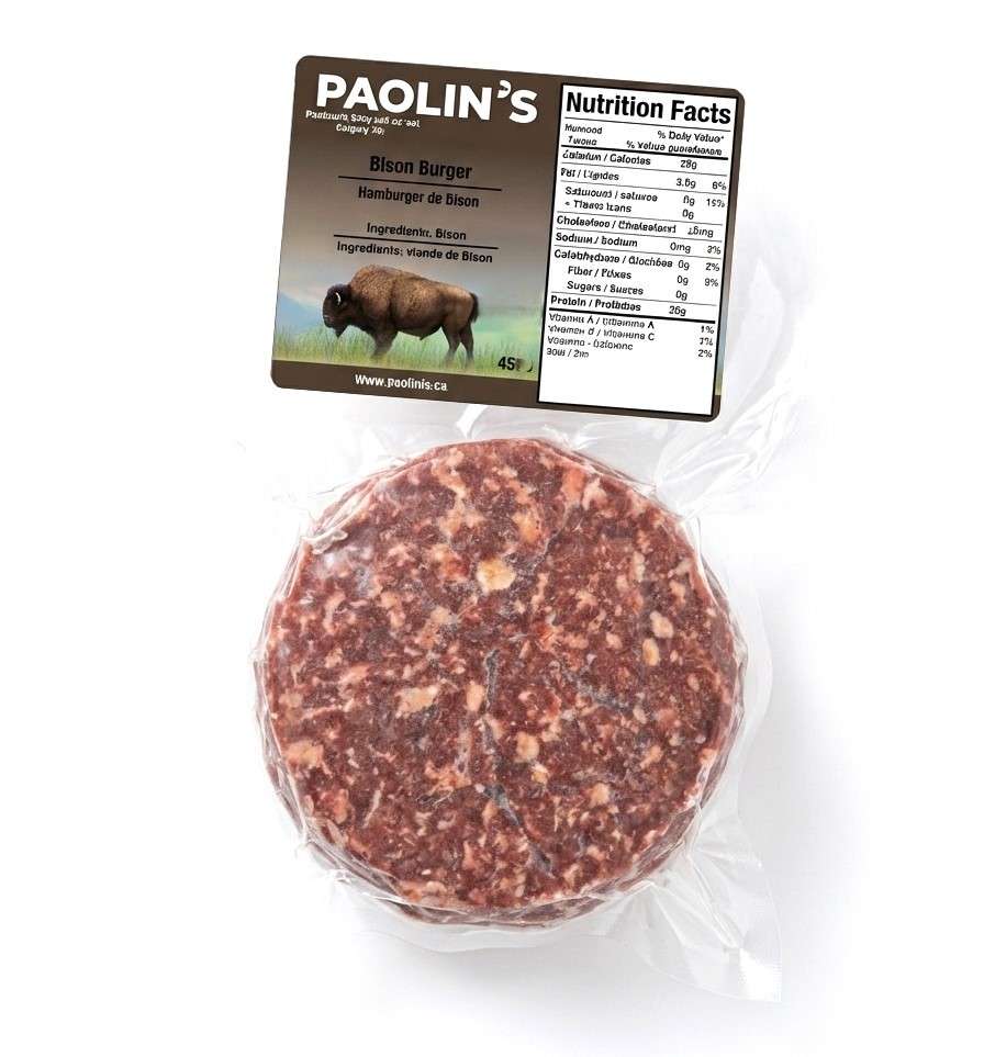 Paolini's Sausage & Meat Bison Burger Patties 4oz (Raw / Frozen) in a clear plastic wrapper