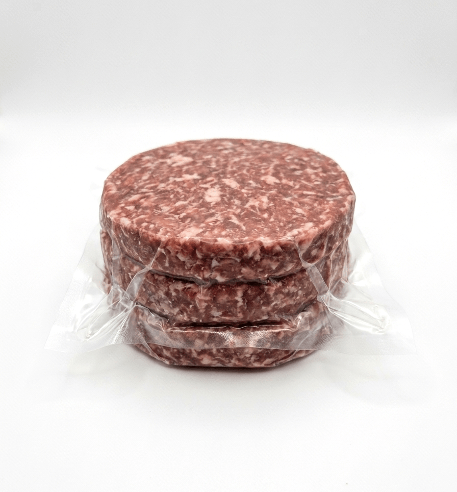 Three stacked raw Bison Burger Patties 4oz (Raw / Frozen) in clear plastic wrap