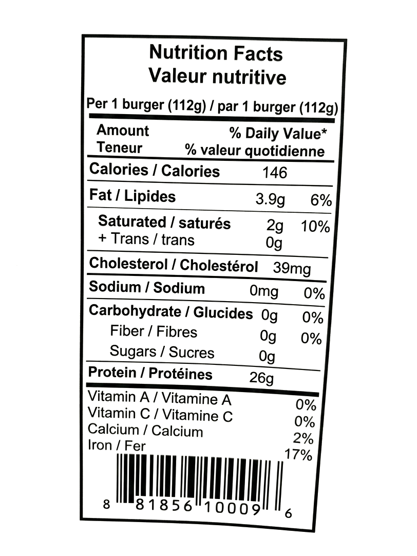 A close-up of a Nutrition Facts label of Bison Burger Patties 4oz (Raw / Frozen) showing per burger nutritional information