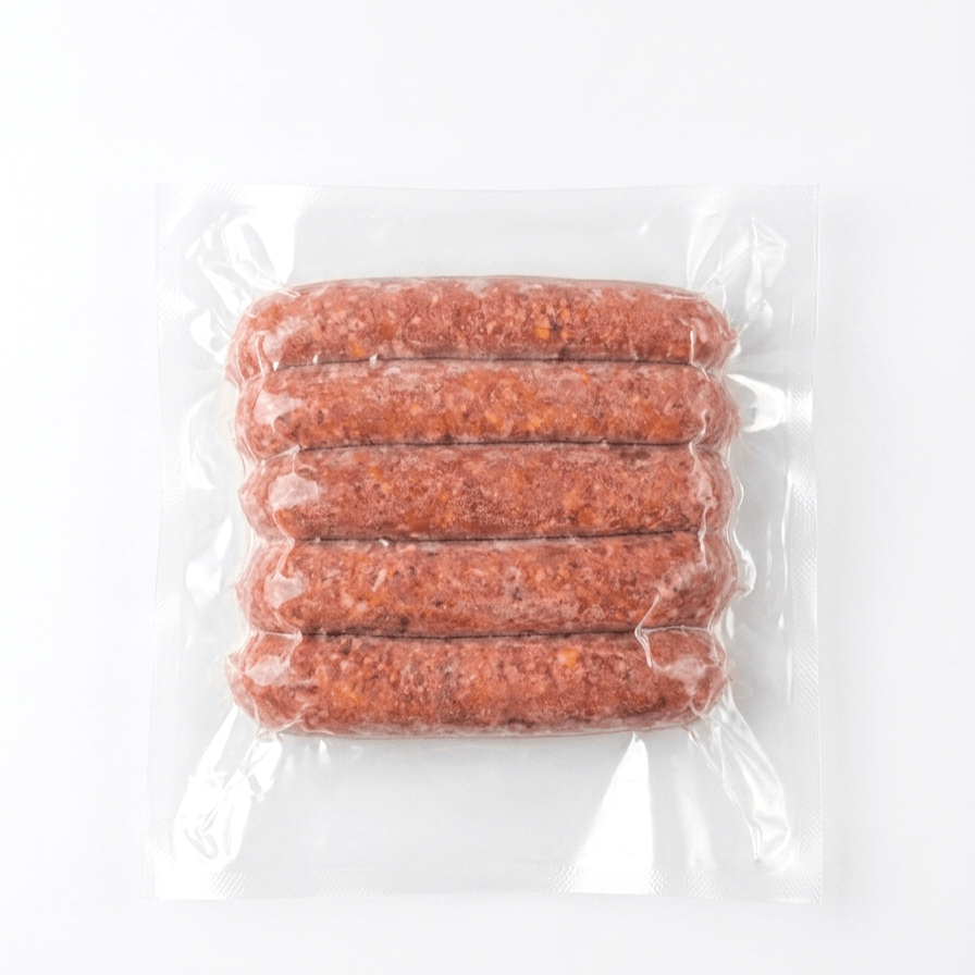 Five Bison Cheese Smokies (Frozen) in a clear plastic vacuum-sealed package