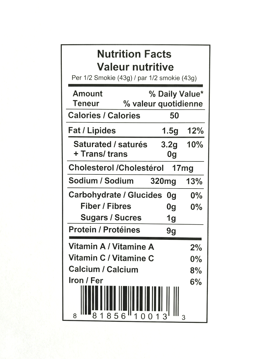 A Nutrition Facts label of Bison Cheese Smokies (Frozen)