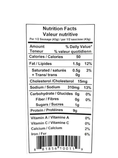 A Nutrition Facts label for Bison Hot Italian Sausage (Raw / Frozen)
