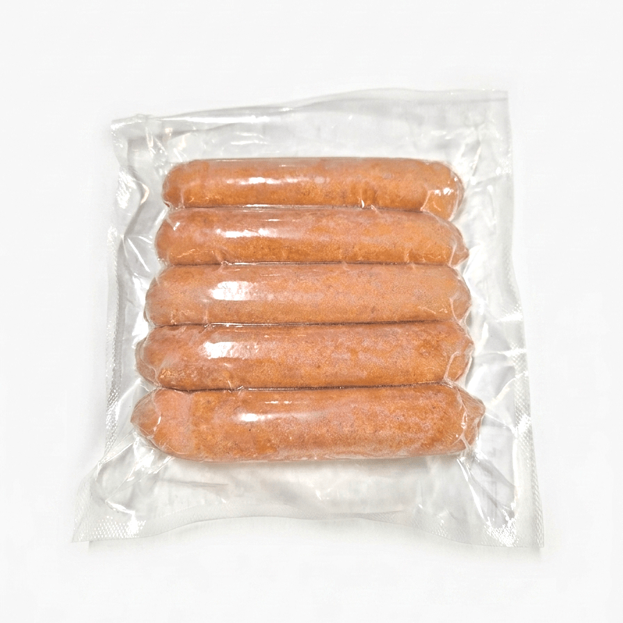 Five Bison Hotdogs (Frozen) in a clear plastic vacuum-sealed bag