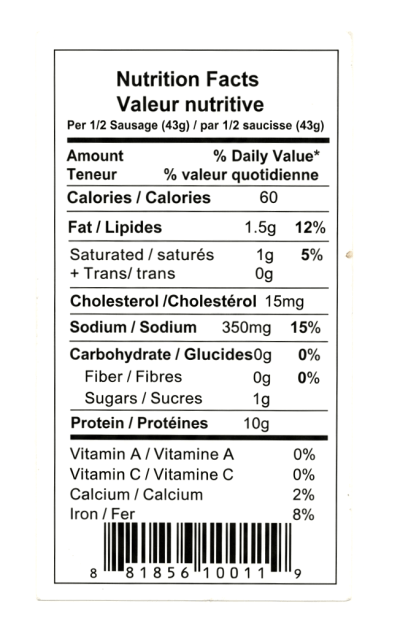 A Nutrition Facts label for Bison Hotdogs (Frozen)