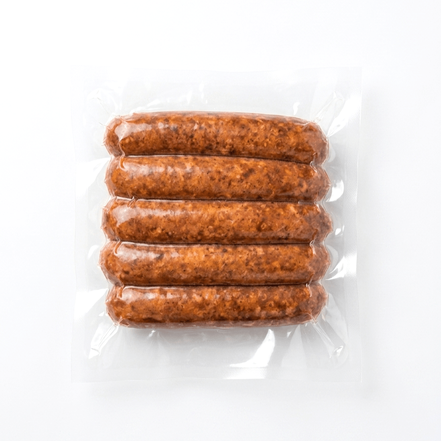 Five Bison Smokies (Frozen) in a clear plastic vacuum-sealed package