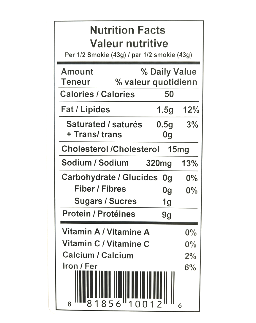 A Nutrition Facts label for a Bison Smokies (Frozen)