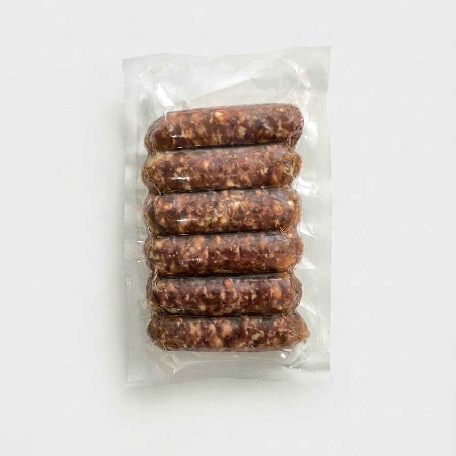 Six raw sausages in a clear vacuum-sealed plastic package