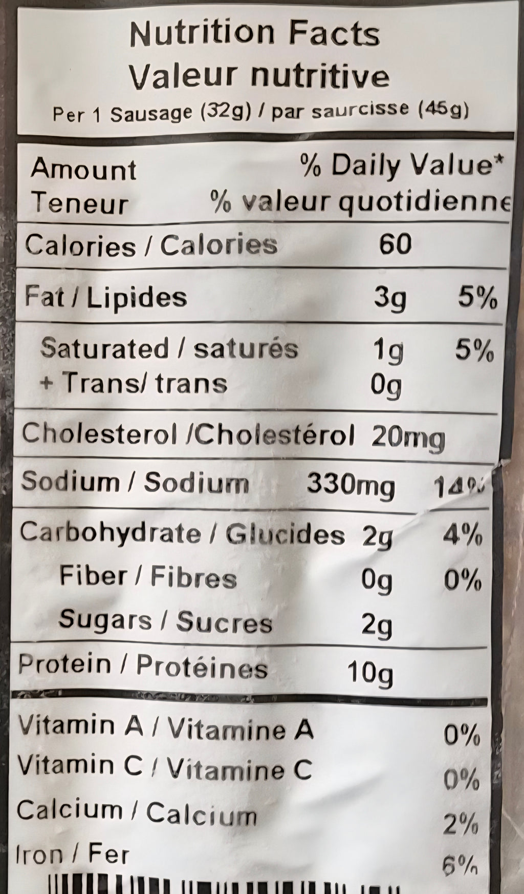 A close-up of a Nutrition Facts label for Bison breakfast sausage