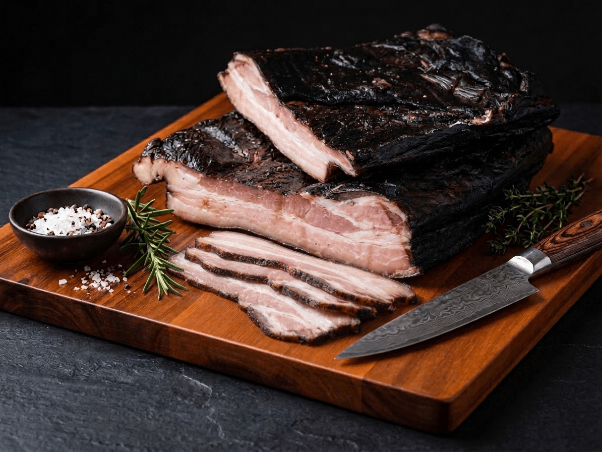Sliced Black Forest Bacon arranged on a wooden cutting board