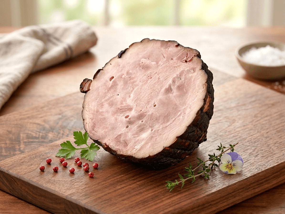 A thick slice of Black Forest Ham displayed on a wooden cutting board