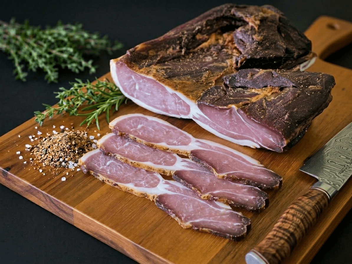 Sliced Black Forest Schinkenspeck arranged on a wooden cutting board
