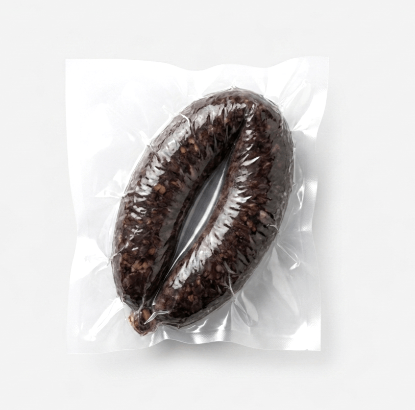 A vacuum-sealed Blood Sausage Ring (Frozen)
