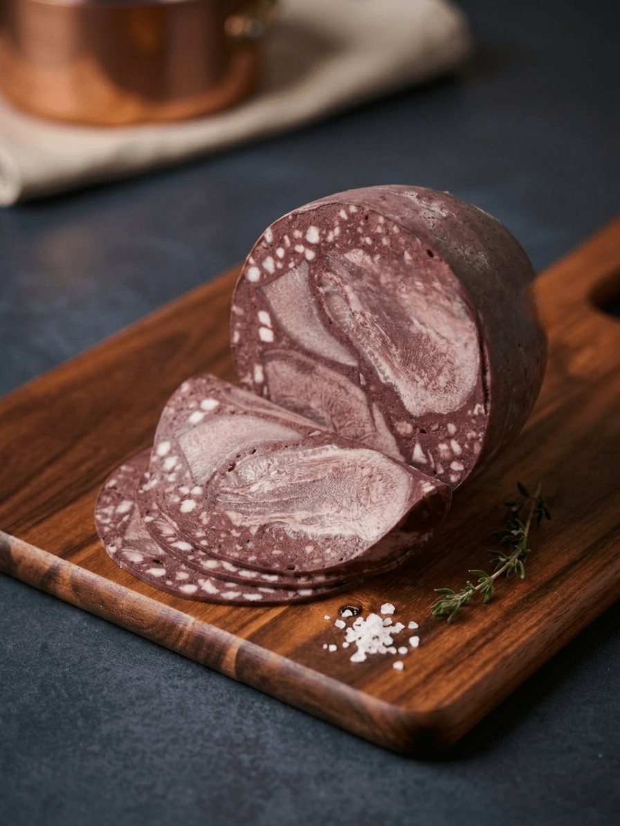 A sliced Blood & Tongue arranged on a wooden cutting board