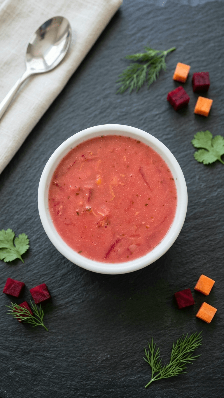 A white bowl filled with a Borscht soup, arranged on a dark slate surface.