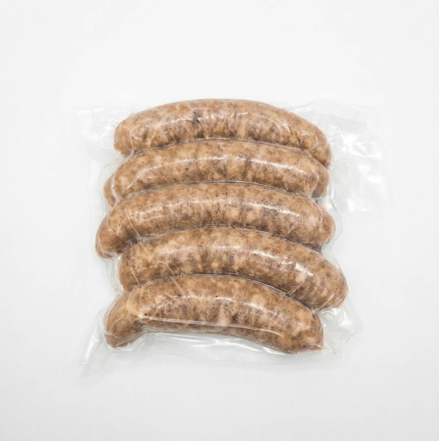 Five Bratwurst (Frozen / 5 pc) in a clear plastic vacuum-sealed bag