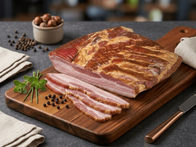 A large cut of Breakfast Bacon with several slices displayed on a wooden cutting board