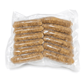 A vacuum-sealed clear plastic bag containing 12 Breakfast Sausages (Cooked / Frozen)