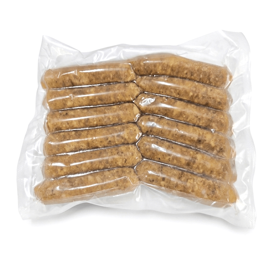 A vacuum-sealed clear plastic bag containing 12 Breakfast Sausages (Cooked / Frozen)
