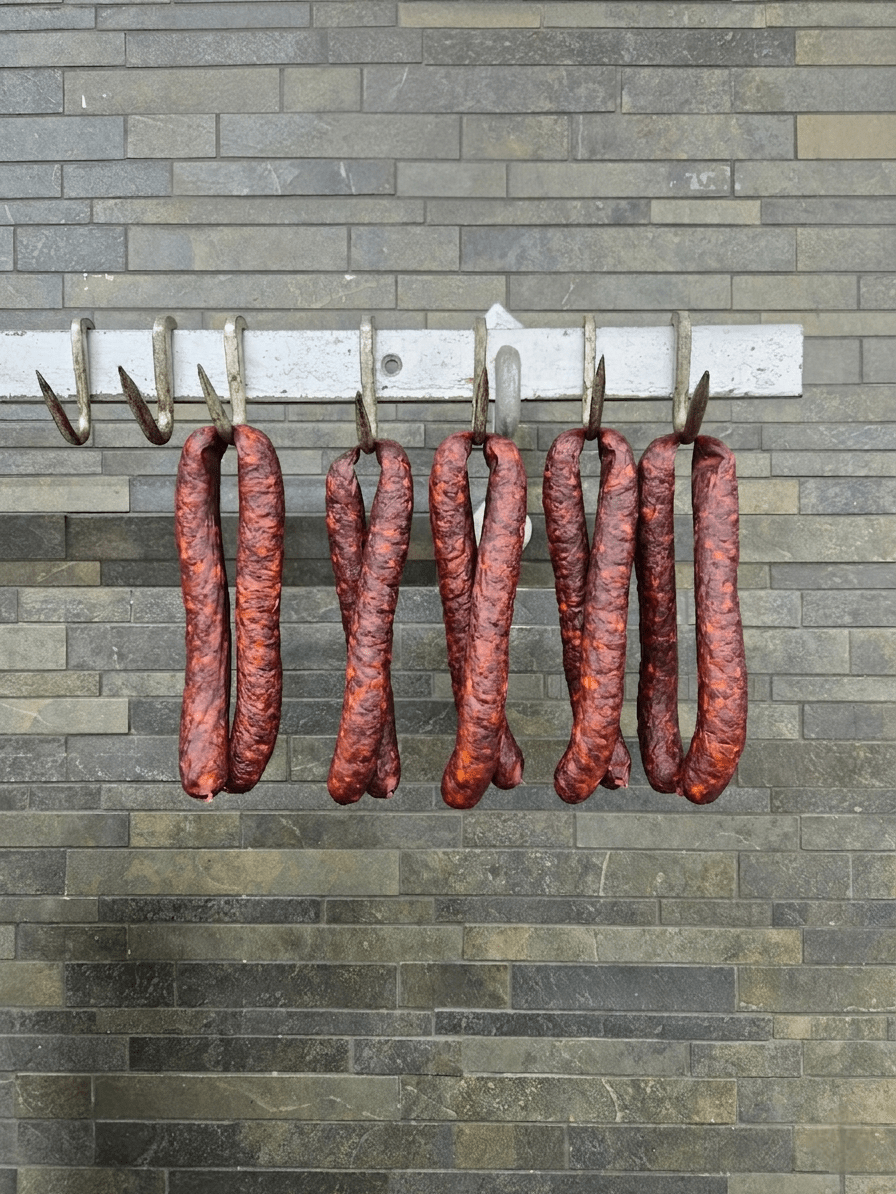 Several Buffalo Hungarian Farmer Sausages suspended from metal hooks