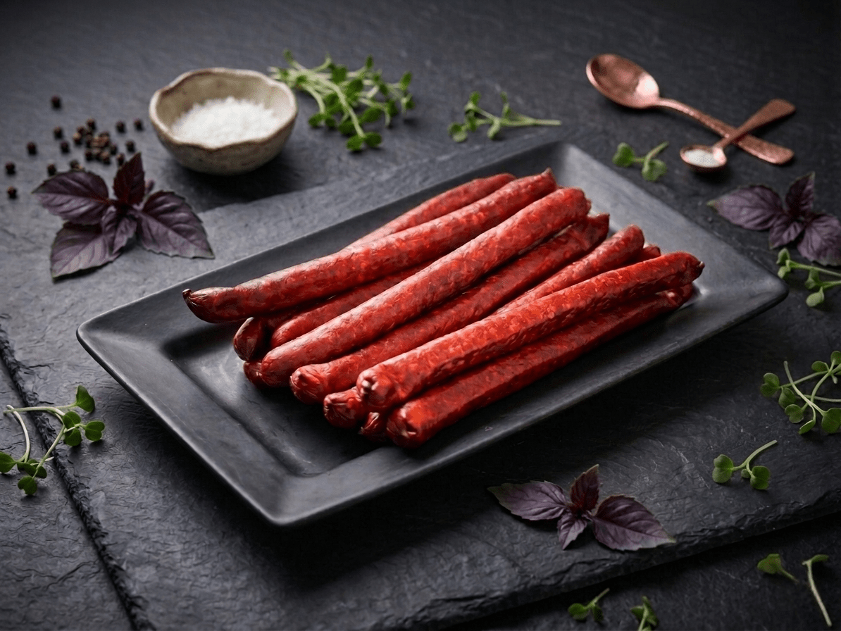 Several Buffalo Pepperoni Sticks arranged on a black rectangular plate