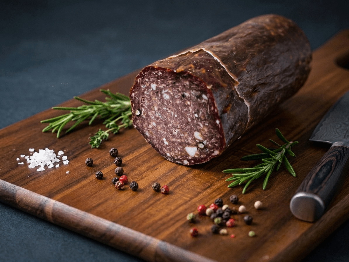 A sliced log of Cervelate Salami resting on a wooden cutting board