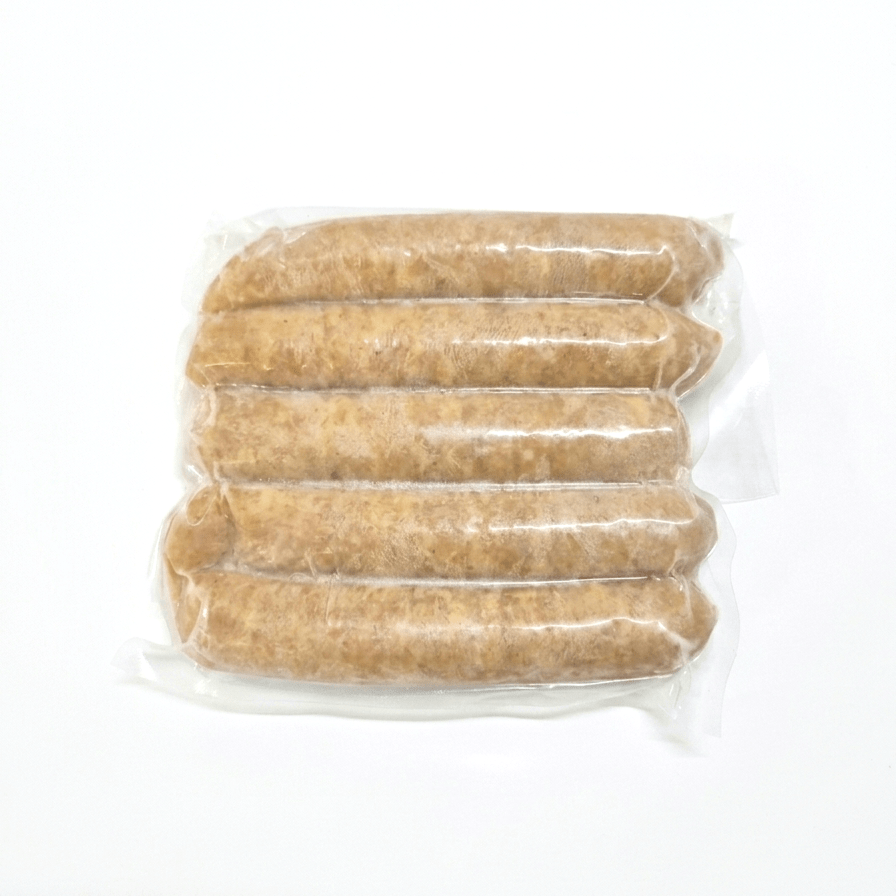 Five Chicken Apple Sausage (Raw / Frozen) in a clear plastic vacuum-sealed package