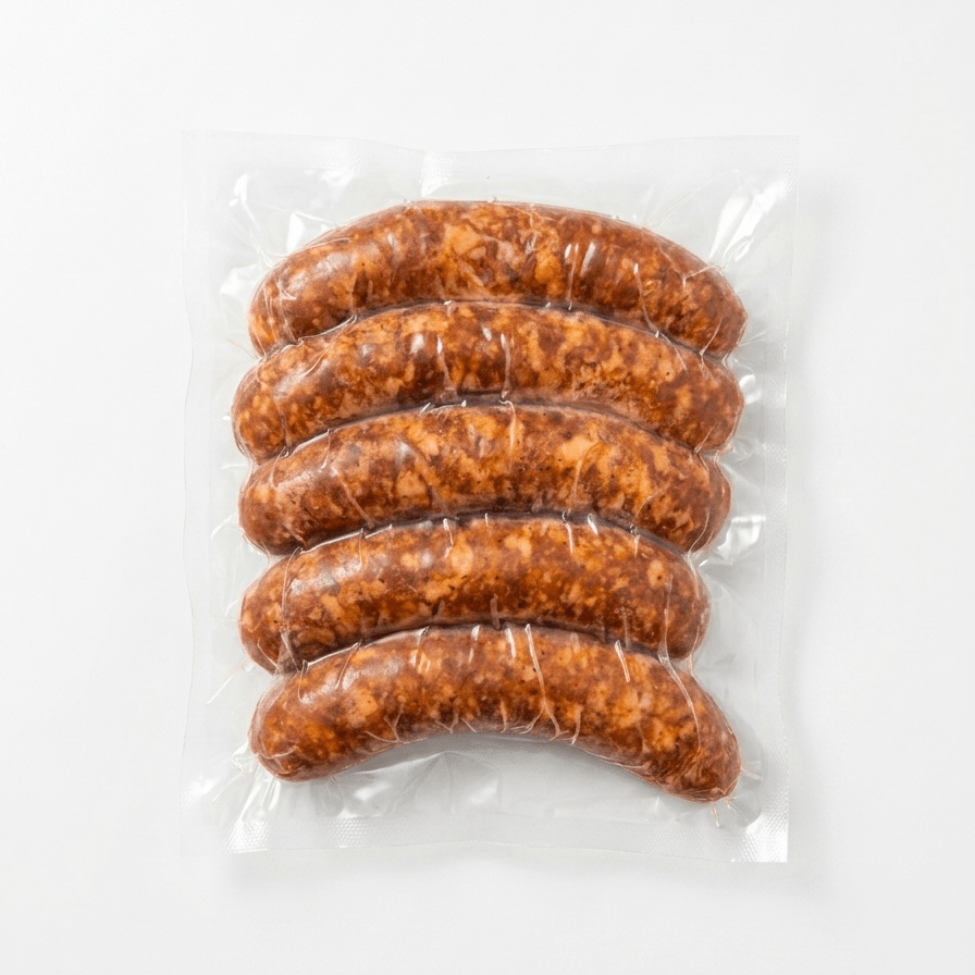 Five of Chorizo (Raw / Frozen) in a clear plastic vacuum-sealed bag