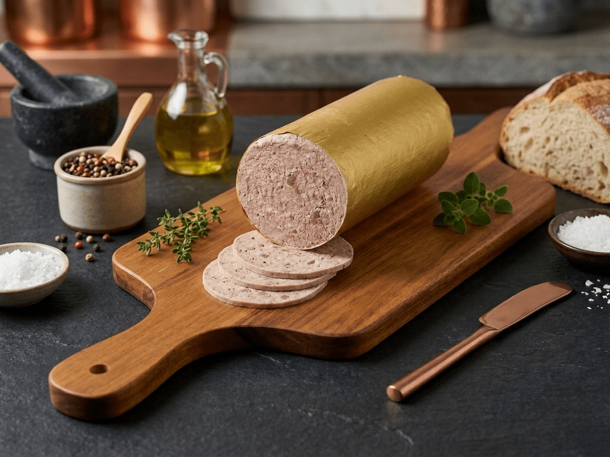 A sliced log of Coarse Liver Sausage on a wooden cutting board