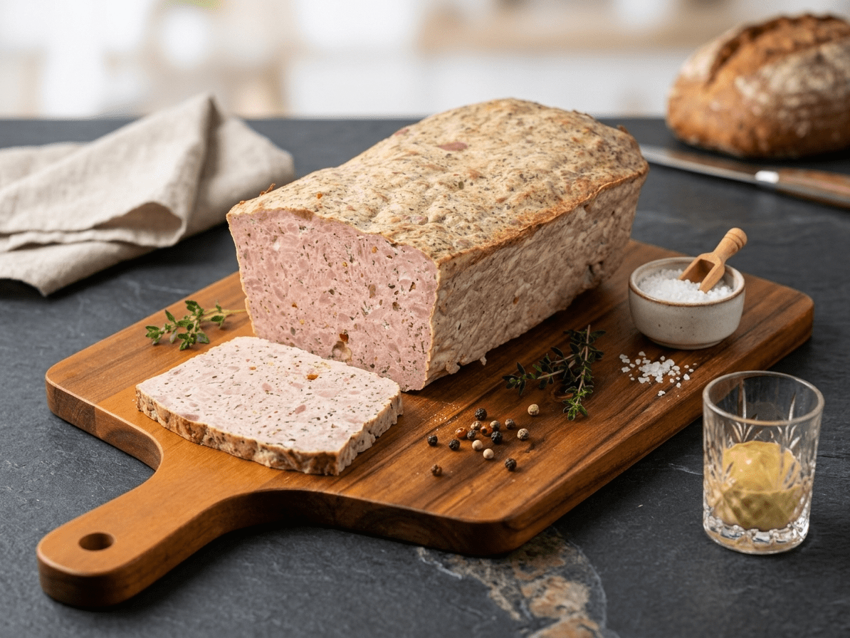 A loaf of Coarse Meatloaf with a sliced piece on a wooden cutting board