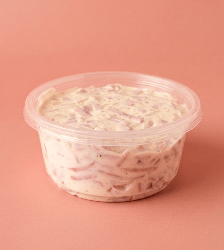 A clear plastic round container filled with Coldcut Salad