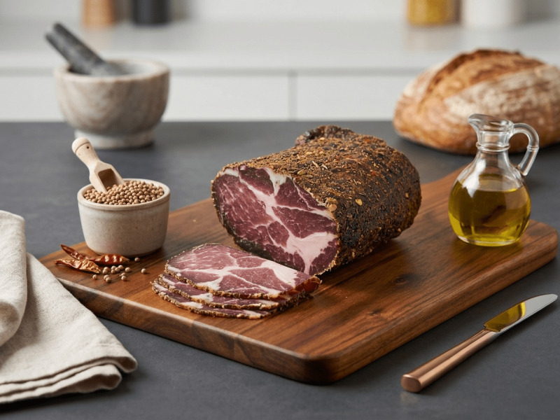 A sliced Coppa on a wooden cutting board