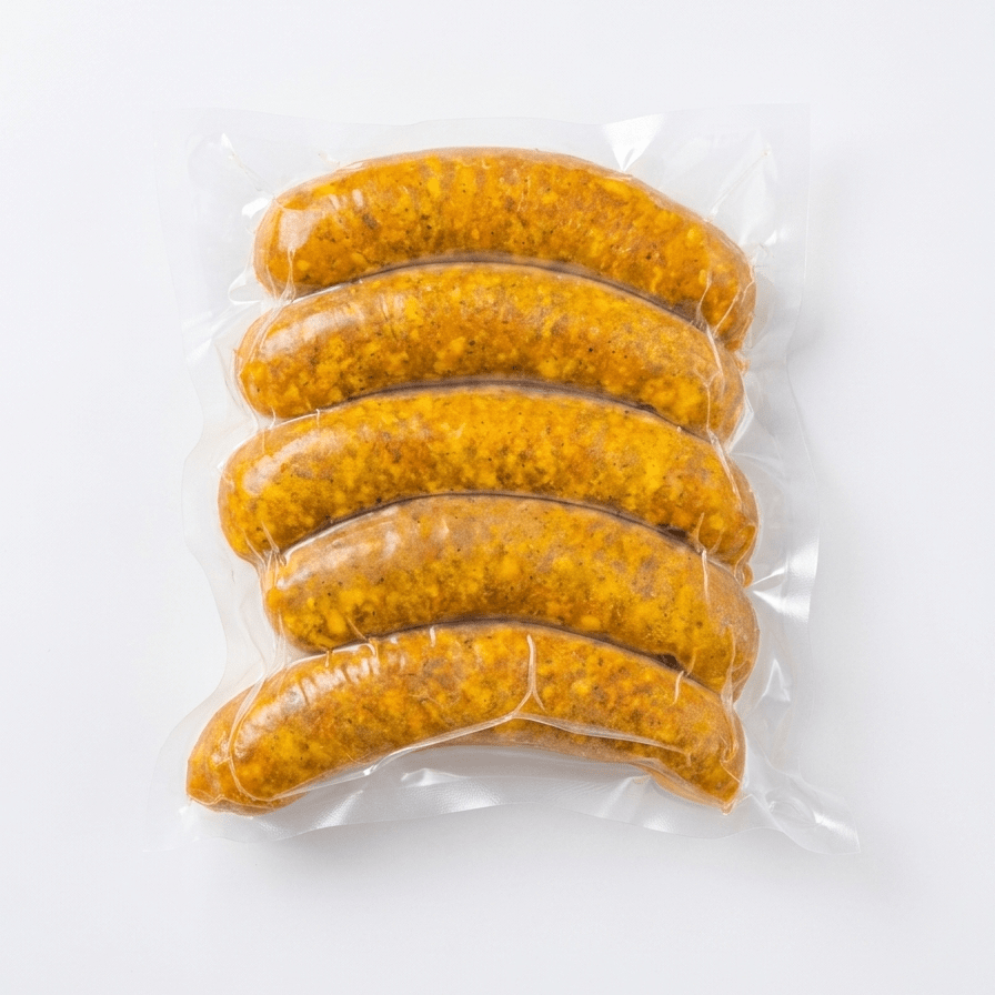Five of Curry Bratwurst (Frozen) in a clear vacuum-sealed plastic bag