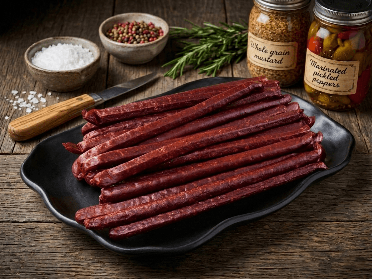 A black platter filled with Elk Sticks on a rustic wooden table