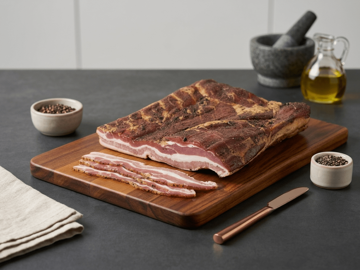 A large slab of European Bacon with several slices laid on a wooden cutting board