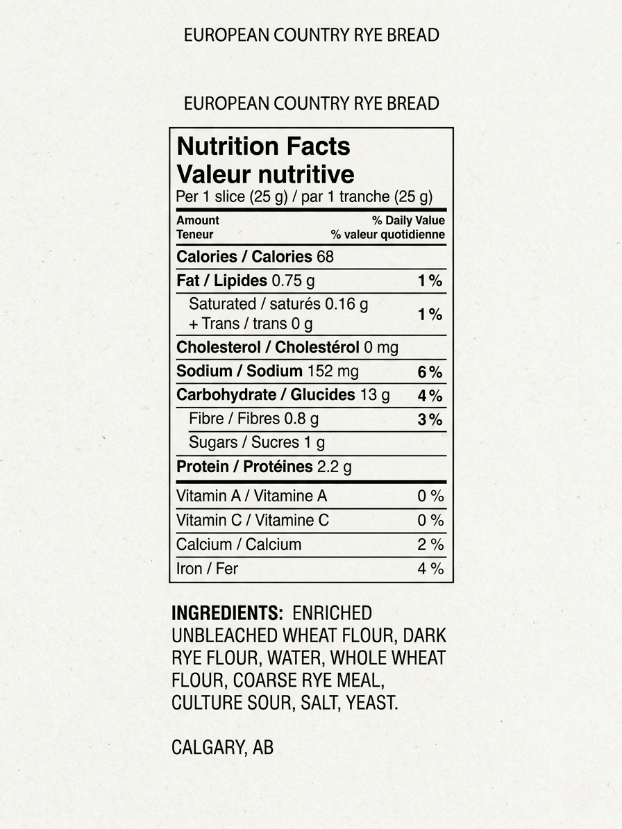 A nutrition facts panel and ingredient list for European Village Bread