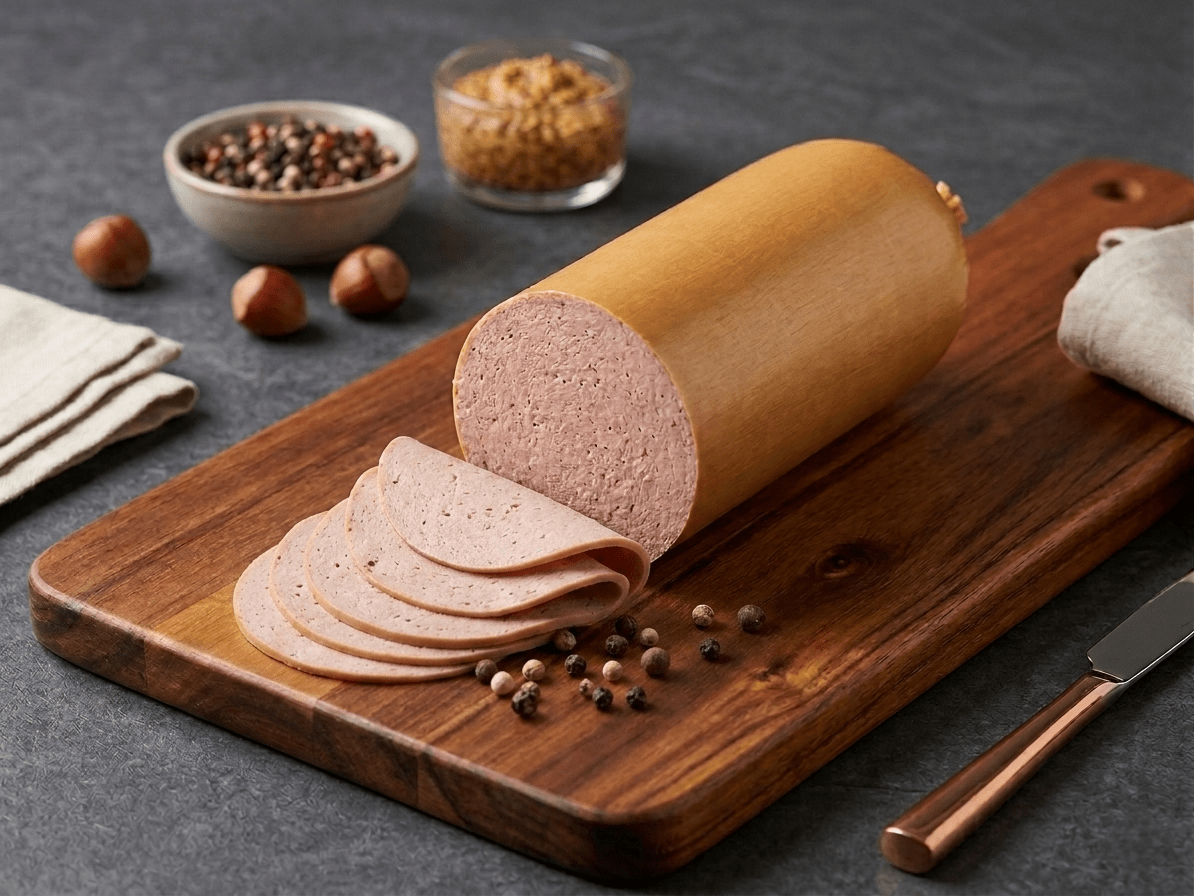 A sliced log of Fine Liver Sausage resting on a wooden cutting board, with several slices