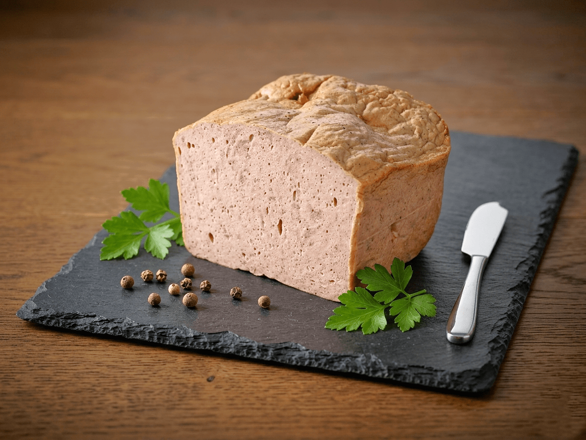 A thick slice of Fine Meatloaf on a dark slate serving board