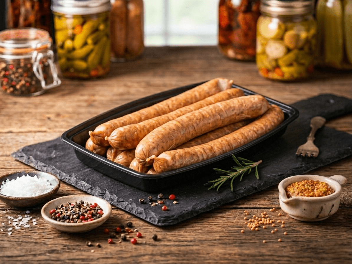 Several links of Garlic Mennonite Sausage on a black rectangular tray