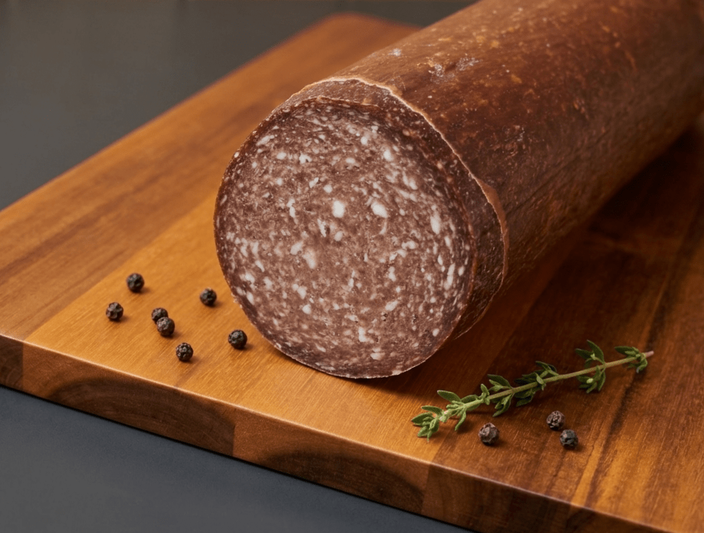 A cut loaf of German Salami resting on a wooden cutting board