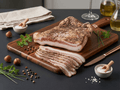 A large cut of Guanciale Cured Pork Jowl with several slices laid on a wooden cutting board
