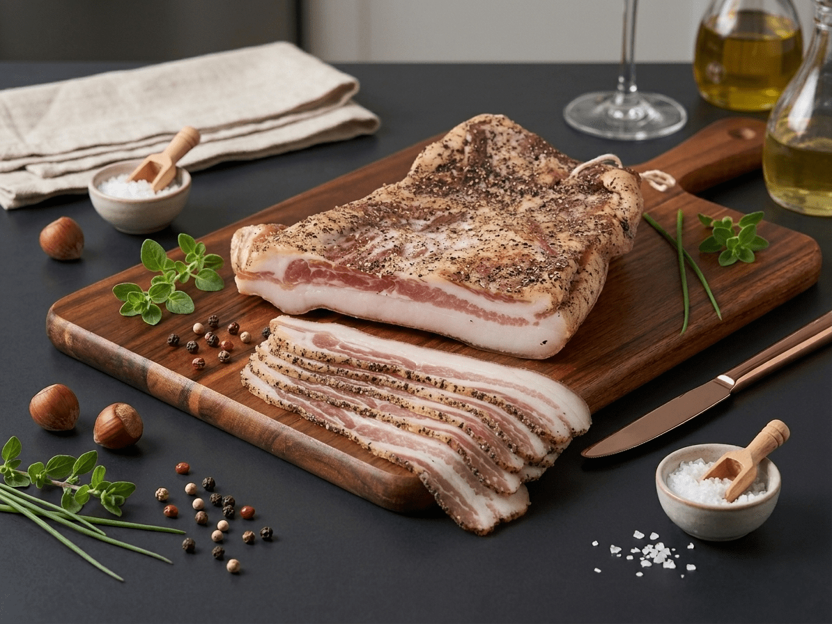 A large cut of Guanciale Cured Pork Jowl with several slices laid on a wooden cutting board