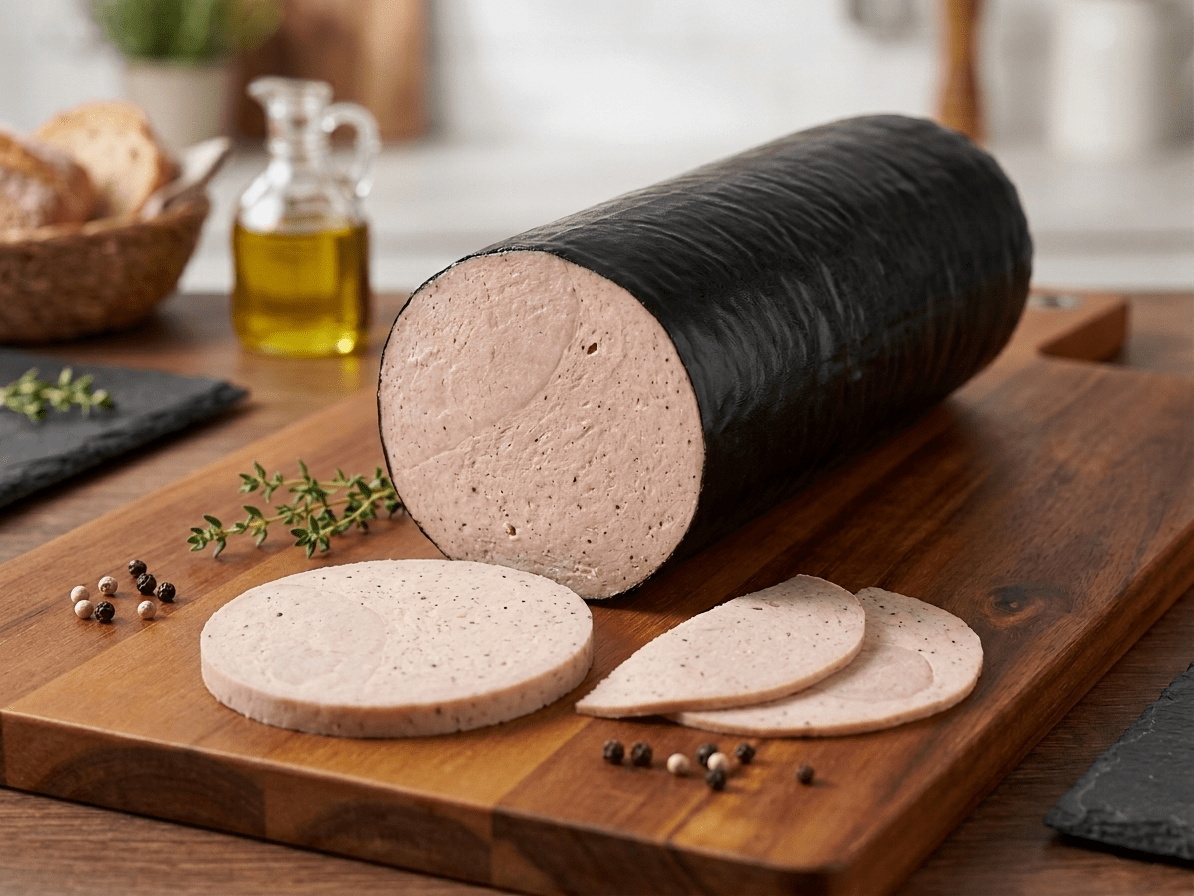 A sliced Half & Half sausage log and round slices displayed on a wooden cutting board